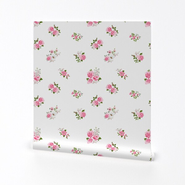 Pink Roses Wallpaper - Cute Pink Roses Pattern By Ka Lou - Roses Floral Custom Printed Removable Self Adhesive Wallpaper Roll by Spoonflower