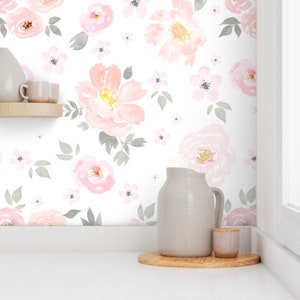 Floral Wallpaper Amelie by Willowlanetextiles White Pink Nursery ...