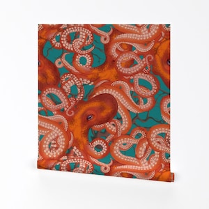 Whimsical Octopus Removable Peel and Stick Wallpaper -  Ocean Under The Sea Marine Life - Wall Art Wall Decor - Red Octopus by hnldesigns