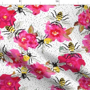 Watercolor Bees and Pink Flowers Fabric - Pollination By Mag-O - Bumble Bees Floral Cotton Fabric By The Yard With Spoonflower