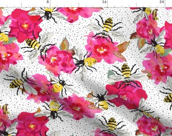 Watercolor Bees and Pink Flowers Fabric - Pollination By Mag-O - Bumble Bees Floral Cotton Fabric By The Yard With Spoonflower