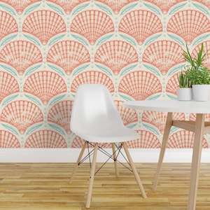 Nautical Peel and Stick Wallpaper - Coastal Shells Feathers Coral Blue - Removable Wall Decor Art - Scallop Shell And Feathers by irisbarges