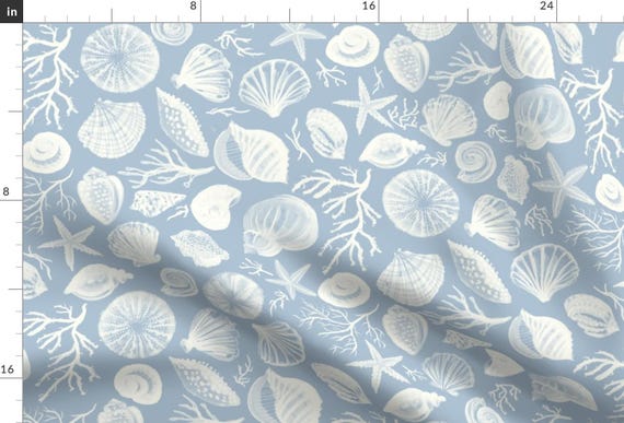 Nautical Apparel Fabric - Reef Shells Light Blue Large by booboo_collective - Watercolor Coastal Beach Preppy Clothing Fabric by Spoonflower