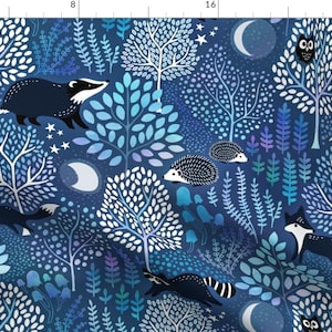 Nocturnal Animals Fabric - Nocturnal Woodland By Adenaj - Blue Nighttime Forest Animals Skunk Cotton Fabric By The Yard With Spoonflower