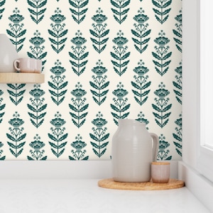 Scandinavian Wallpaper - Folk Art Buttercup By Katie Hayes - Green Floral Kitchen Removable Self Adhesive Wallpaper Roll by Spoonflower