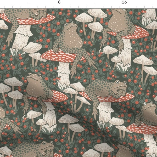 Woodland Fabric - Toads On Toadstools by simut -  Forest Toads Mushrooms Toadstool Cottagecore Whimsical Fabric by the Yard by Spoonflower