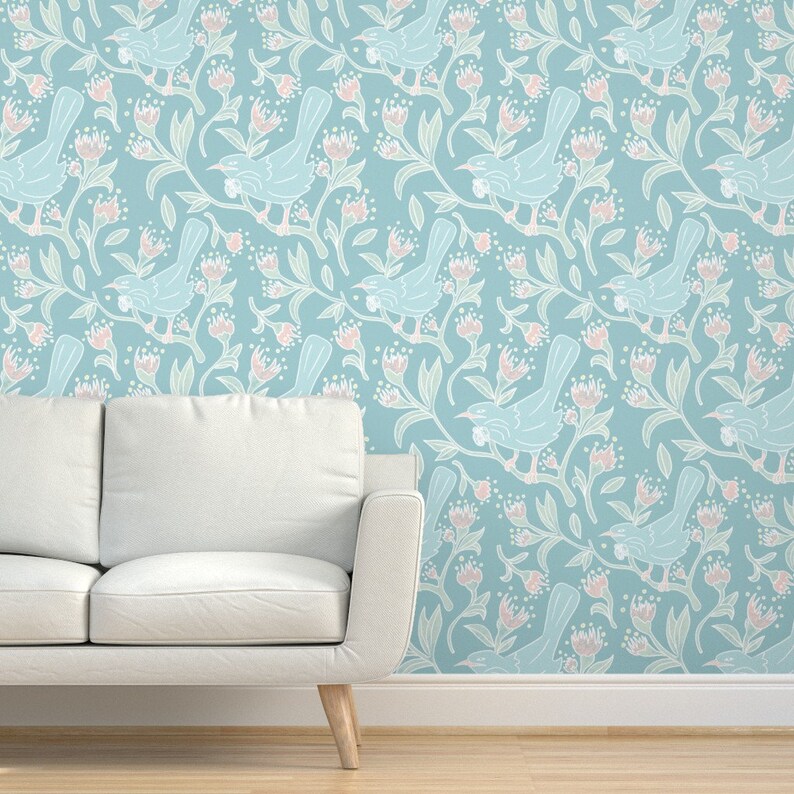 Tui Bird Wallpaper Tui Bird in Soft Blue by Bekabeesews | Etsy