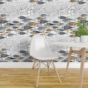 Fish School Peel and Stick Wallpaper - Coastal Art Deco Mosaic Beach Nautical - Removable Wall Decor Art - Catch Of Day by mimipinto