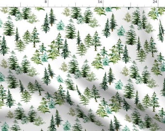 May include: A seamless pattern featuring watercolour illustrations of green and blue pine trees on a white background.