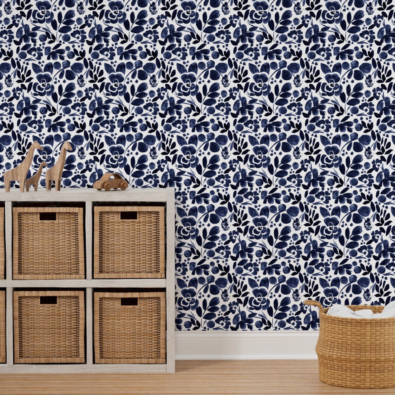Floral Wallpaper Navy Floral Medium by Crystal Walen Etsy