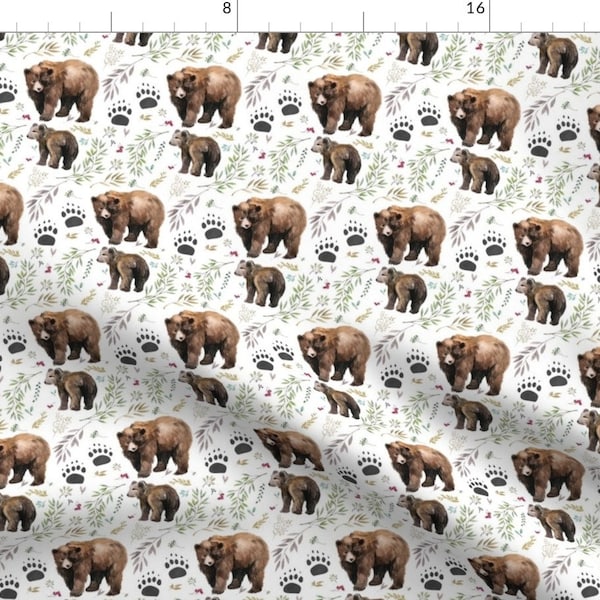 Bears And Paw Prints Fabric - 4" Watercolor Mama Bear Cub In The Woods By Shopcabin - Boho Nature Cotton Fabric By The Yard With Spoonflower