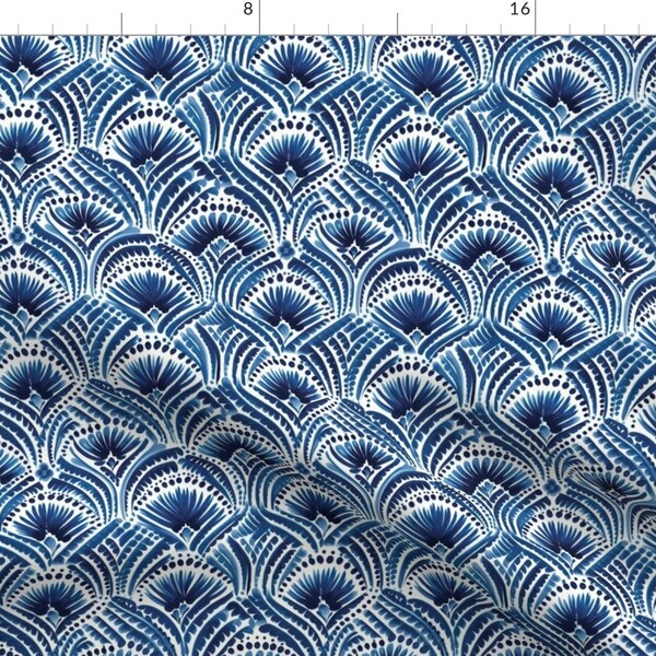 Abstract Geometric Fabric - Brush Strokes by seamless_surface_design - Fish Scale Monochrome Scallop Blue  Fabric by the Yard by Spoonflower