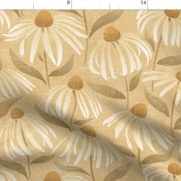 Neutral Botanical Fabric - Coneflower Meadow By Byre Wilde - Faux Linen Texture Daisies Earthy Cotton Fabric By The Yard With Spoonflower