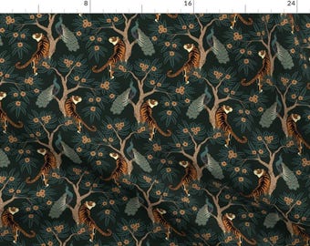 Tiger Fabric - Tiger And Peacock By Sveta Aho - Teal Orange Tropical Trending Maximalist Decor Cotton Fabric By The Yard With Spoonflower