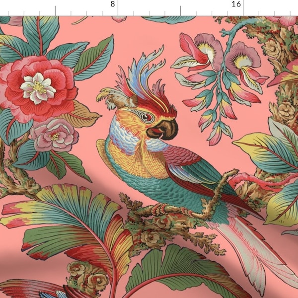 Parrot Fabric - Edwardian Parrot Duchess By Peacoquettedesigns - Tropical Bird Floral Upholstery Cotton Fabric By The Yard With Spoonflower