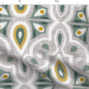 May include: A seamless pattern featuring a repeating design of teardrop shapes in shades of gray, green, and yellow. The pattern is on a white background.