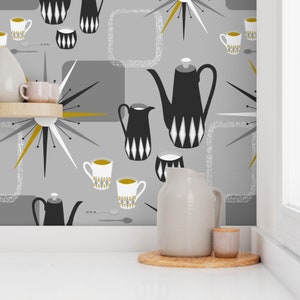 Mid Mod Wallpaper - Coffee Time By Heather Anderson - Gray Retro Kitchen Atomic Star Removable Self Adhesive Wallpaper Roll by Spoonflower