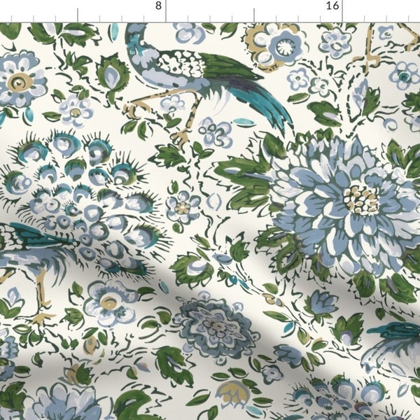 Birds Fabric - Peacock Blue And Olive by whitneyenglish - Elegant Sophisticated British European English Fabric by the Yard by Spoonflower