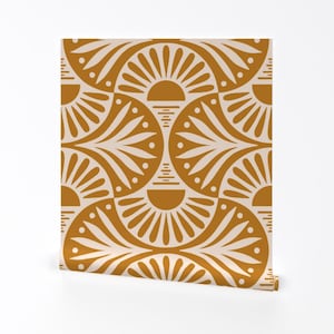 Papel de parede removível com estampa de pôr do sol e folhas - vieiras geométricas pôr do sol boho - arte de parede decoração de parede - mostarda art déco por de_koro