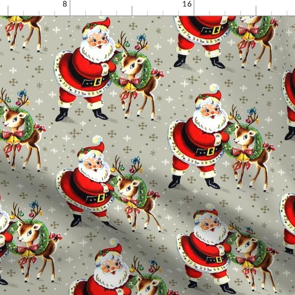 Santa Claus Fabric - Reindeer Wreaths Bells Ribbons Snow Mistletoe Retro Kitsch By Raveneve- Xmas Cotton Fabric By The Yard With Spoonflower