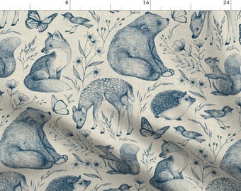 Blue Animal Toile Fabric - Forest Animals Toile by perrinphilippa - French Country Whimsical Woods Bear Fabric by the Yard by Spoonflower