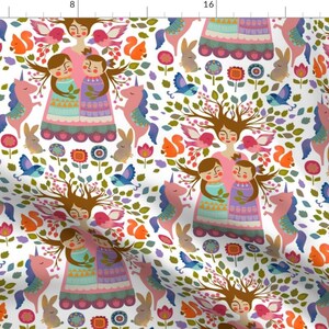 May include: A white background with a repeating pattern of colourful illustrations. The pattern includes a mother and child, a tree, a unicorn, birds, flowers, and squirrels. The mother and child are wearing pink, purple, and blue clothing. The tree has brown branches and green leaves. The unicorn is pink and white. The birds are blue and green. The flowers are red, yellow, and orange. The squirrels are orange and brown.