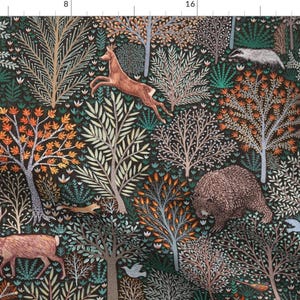 Woodland Fabric - Rustic Fall Forest by rebecca_reck_art - Rustic Autumn Thanksgiving Animals Leaves Pine Fabric by the Yard by Spoonflower