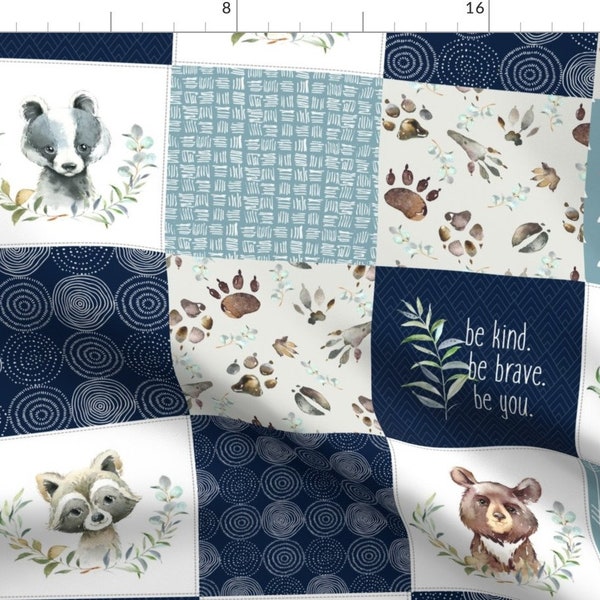 Quilt Fabric - Woodland Animal Tracks Quilt Top – Navy + Blue Patchwork Cheater Quilt, Style B By Gingerlous - Quilt Fabric With Spoonflower