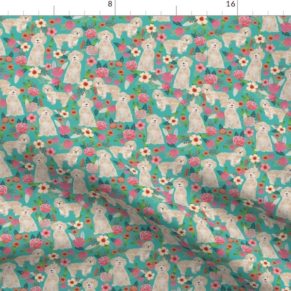Cockapoo Fabric - Cockapoo Florals Cream White Dog - Turquoise By Petfriendly - Cockapoo Dog Cotton Fabric by the Yard with Spoonflower