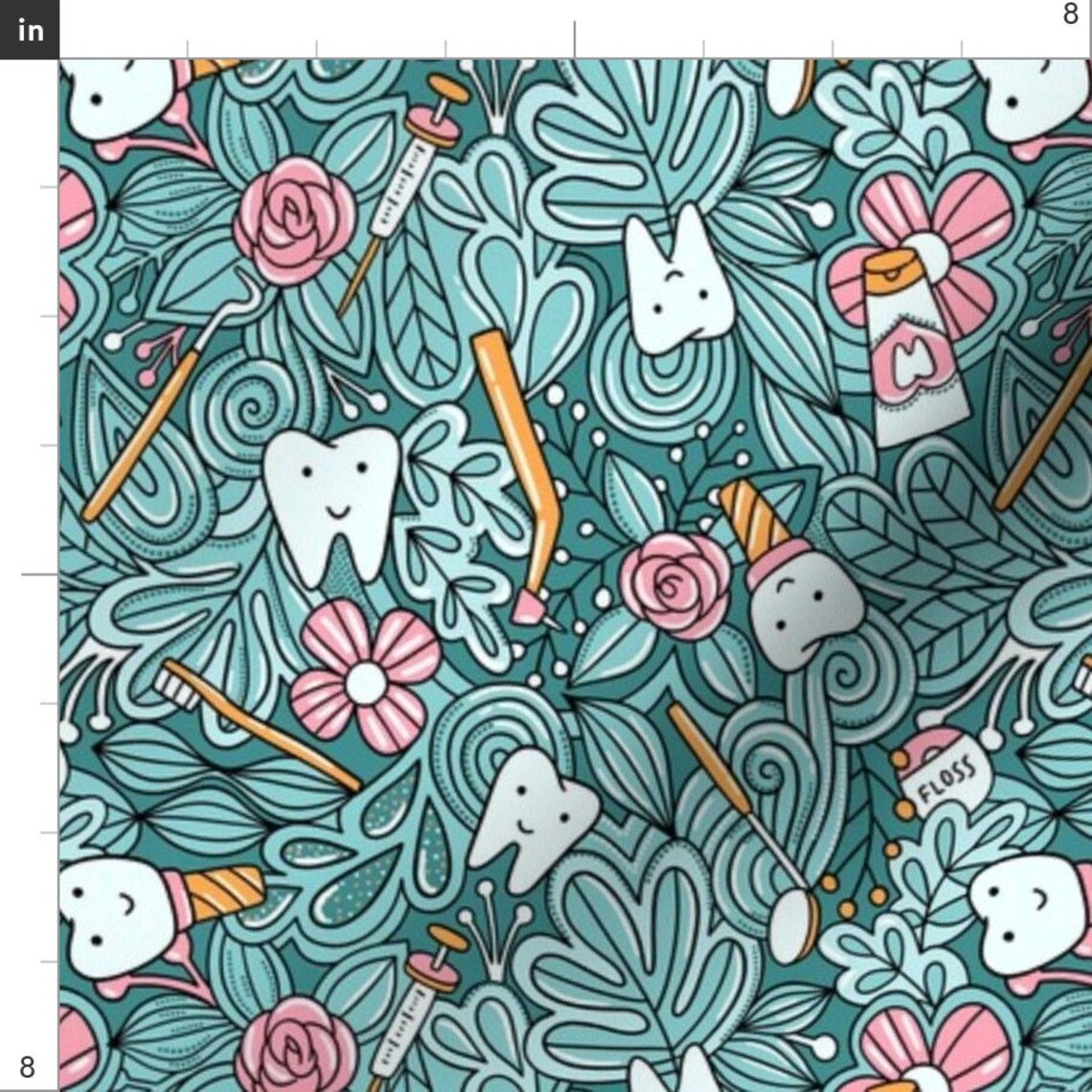 Aqua Dentist Fabric Dentist Teeth and Doodles Cute by Etsy