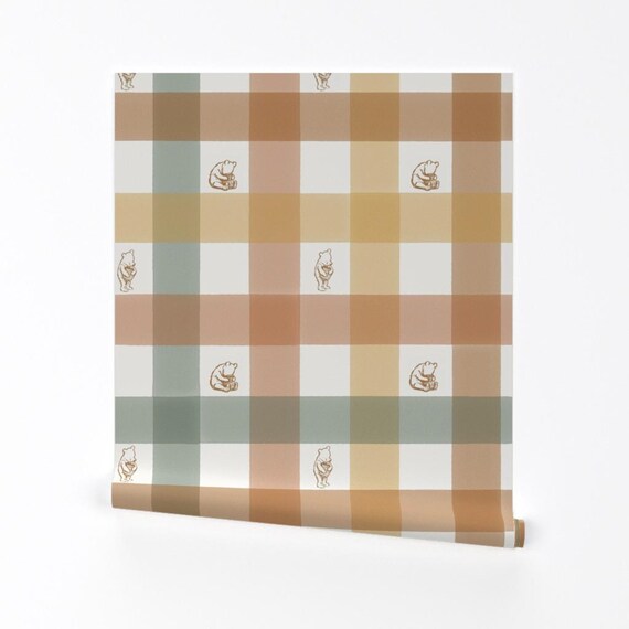 Pooh Gingham Removable Peel and Stick Wallpaper - Vintage Gingham Warm Neutral - Wall Art Wall Decor - Winnie-the-pooh by at_the_cottage
