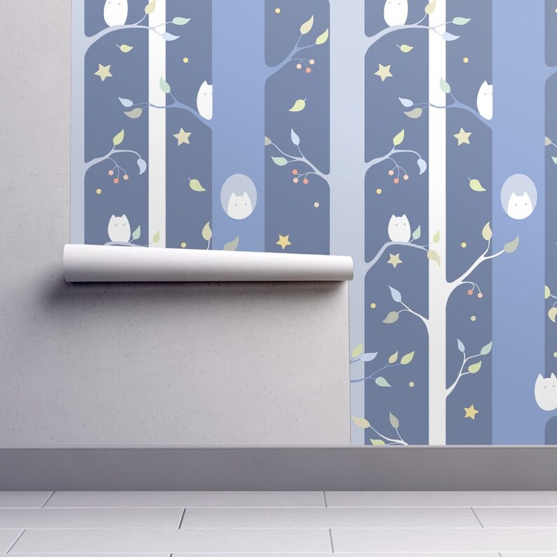 By Elena Naylor Owls Wallpaper Owl Forest Night Gender Neutral Custom Printed Removable Self Adhesive Wallpaper Roll by Spoonflower