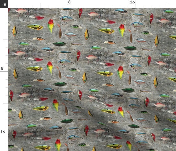 Fishing Lure Fabric Gone Fishing by Jenarra Fishing Lure Woodgrain Red  Yellow Green Blue Fish Cotton Fabric by the Yard With Spoonflower -  UK