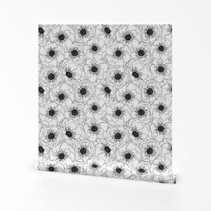 Anemones Floral Wallpaper -White Anemones By Pattysloniger- Black White Custom Printed Removable Self Adhesive Wallpaper Roll by Spoonflower