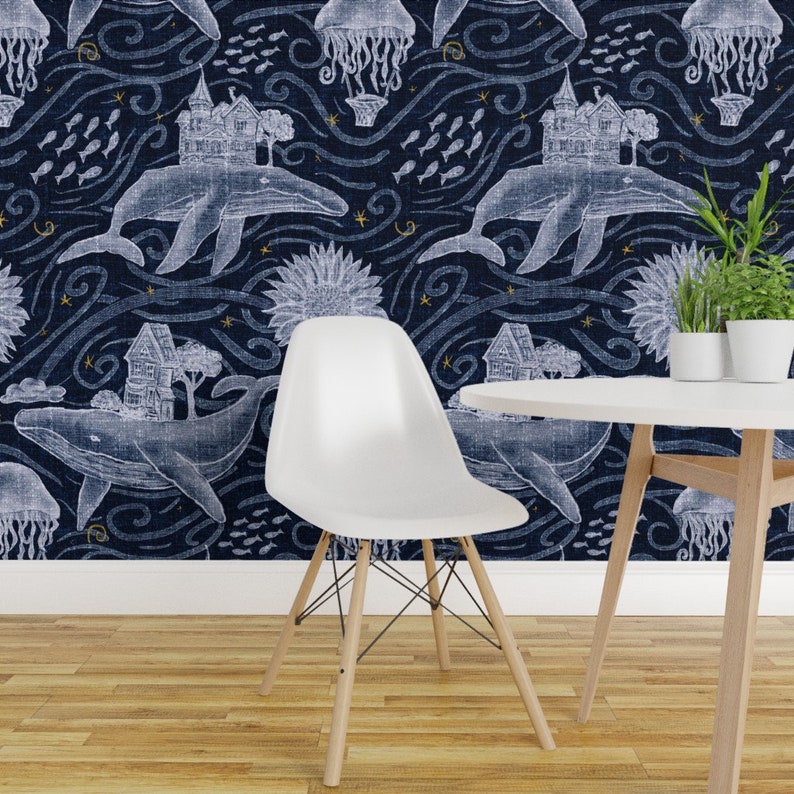Whimsical Wallpaper - Undersea Nights by jenkb - Sky Nautical Ocean Jellyfish Whale Removable Peel and Stick Wallpaper by Spoonflower image 4