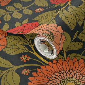 Vintage Garden Peel and Stick Wallpaper - Green Red Orange Victorian Floral - Removable Wall Decor Art - Botanical Pattern by somecallmebeth image 3