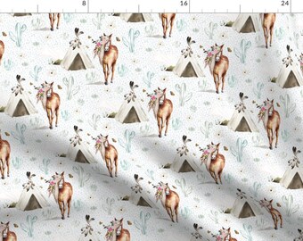 Watercolor Horses Fabric - 8" Spring Boho Floral Horse Rain Background By Shopcabin - Floral Cotton Fabric By The Yard With Spoonflower