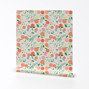 Fruit Pattern Wallpaper - Vanilla Peaches By Carlywatts - Fruit Orange Custom Printed Removable Self Adhesive Wallpaper Roll by Spoonflower