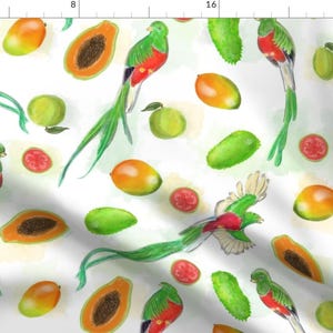 May include: A white background with a repeating pattern of green, red, and yellow birds, papaya, guava, and chayote. The birds have long, green tails.
