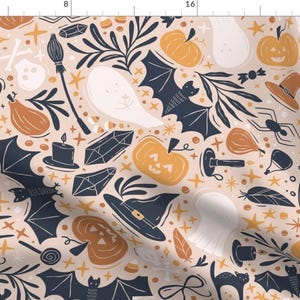 Pink Halloween Fabric - Retro Spooky Season by writtenbykristen - Orange Pumpkins Black Cats Bats Ghosts Fabric by the Yard by Spoonflower