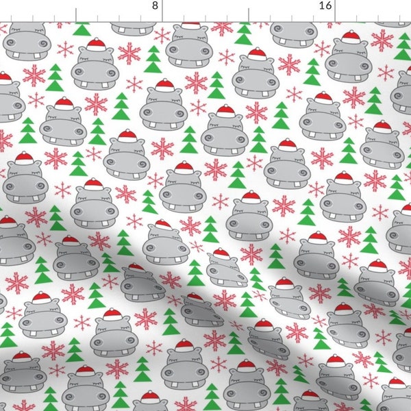Christmas Animal Fabric - Christmas Hippos-With-Santa-Hats By Lilcubby - Christmas Hippos Animal Cotton Fabric By The Yard With Spoonflower