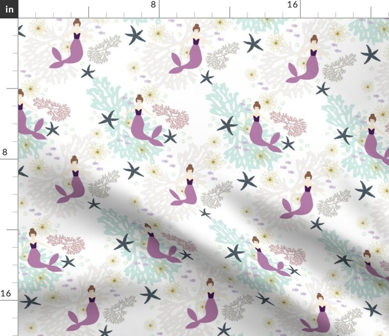 Mermaid Fabric Laguna Mermaids // Brunette // Small By Ivieclothco Mermaid Ocean Sea Purple Cotton Fabric By The Yard With Spoonflower image 1