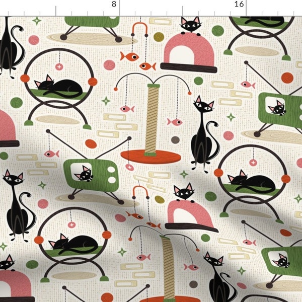 Mid Mod Cat Tower Fabric - Cozy Cats' Play Room by studioxtine - Vintage Retro Cats Kittens Mid Century Fabric by the Yard by Spoonflower