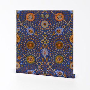 May include: Blue wallpaper featuring a repeating pattern of orange, yellow, and brown floral motifs. The design is intricate and detailed, with a variety of shapes and sizes.