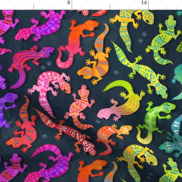 Reptilia Fabric - Bright Rainbow Geckos By Adenaj - Black Rainbow Lizard Gecko Kids Science Cotton Fabric By The Yard With Spoonflower