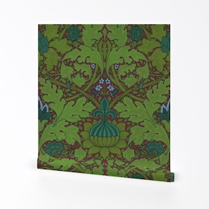 Damast-Tapete - Damast-Garten am Meer von Peacoquettedesigns - Grüne individuell bedruckte, entfernbare, selbstklebende Tapetenrolle von Spoonflower