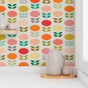 Mod Floral Wallpaper - Mod Posies By Katerhees - 1960s Orange Pink Custom Printed Removable Self Adhesive Wallpaper Roll by Spoonflower