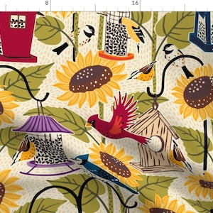 Sunflower Fabric - The Birds And Sunflowers From My Window By Ramarama - Cardinal Yellow Red Big Cotton Fabric By The Yard With Spoonflower