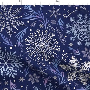 Snowflake Fabric - Frosty Snowflakes By Sally Mountain - Dark Blue Winter Snow Whimsical Holiday Cotton Fabric By The Yard With Spoonflower