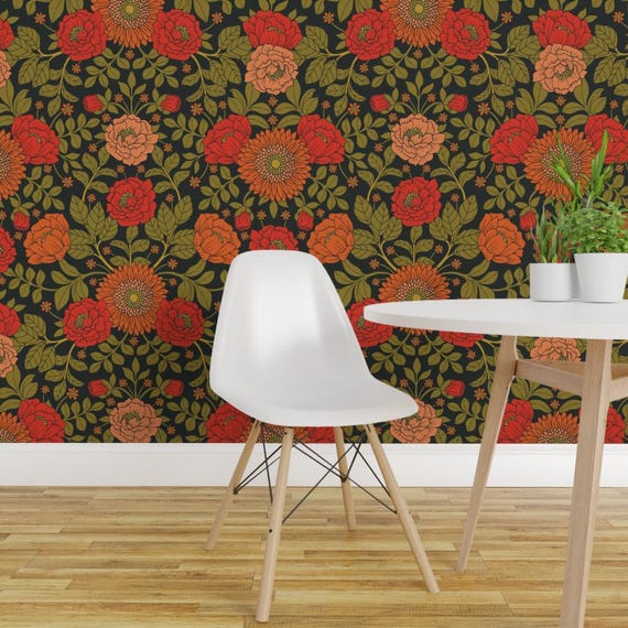 Vintage Garden Peel and Stick Wallpaper - Green Red Orange Victorian Floral - Removable Wall Decor Art - Botanical Pattern by somecallmebeth